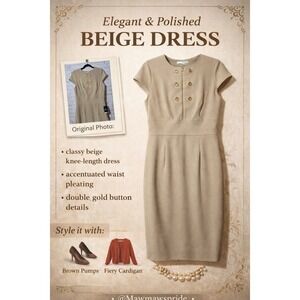 Studio One Tan Pleated Sheath Dress Pleated Darts Size 10 NWT